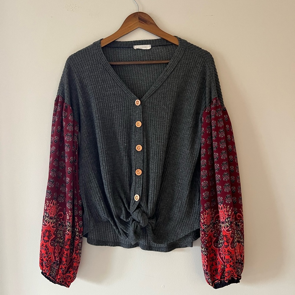 Entro Gray Waffle Knit Cropped Sweater with Patterned Balloon Sleeves Size M/L